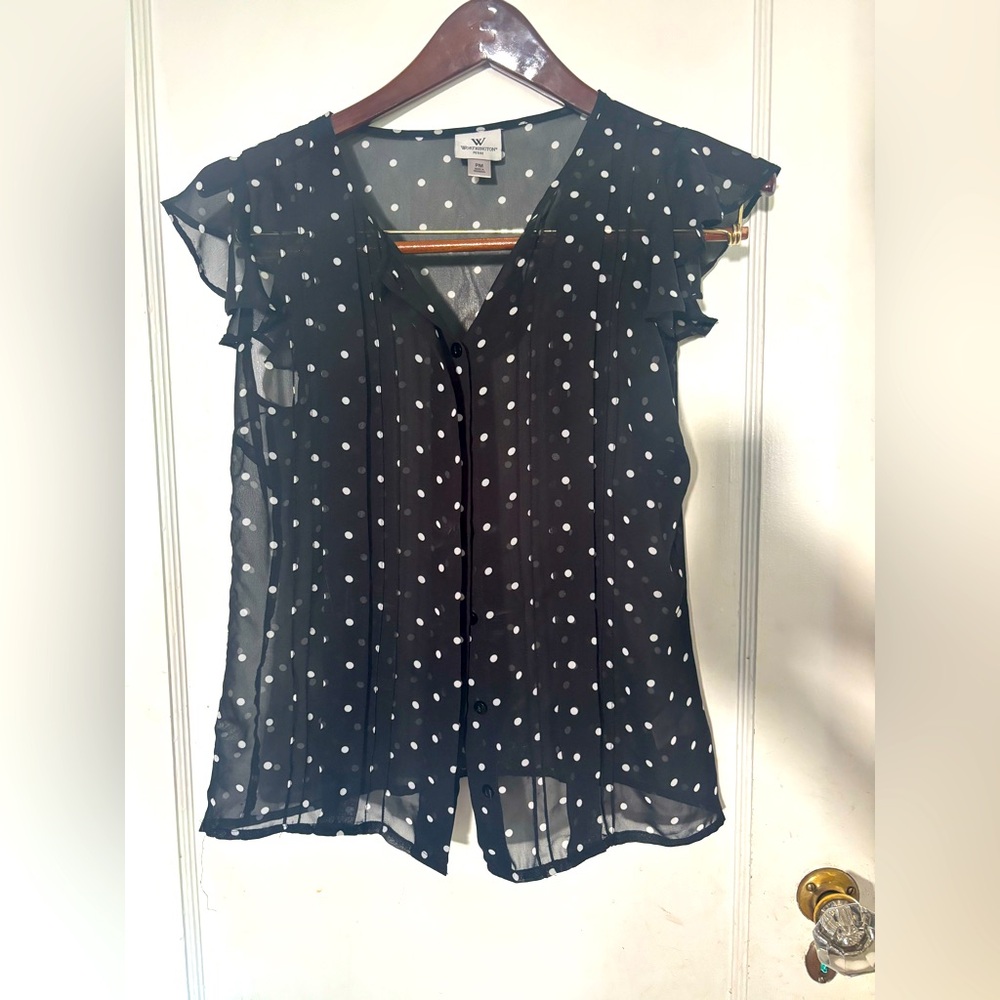 Sheer polka dot blouse with ruffle details